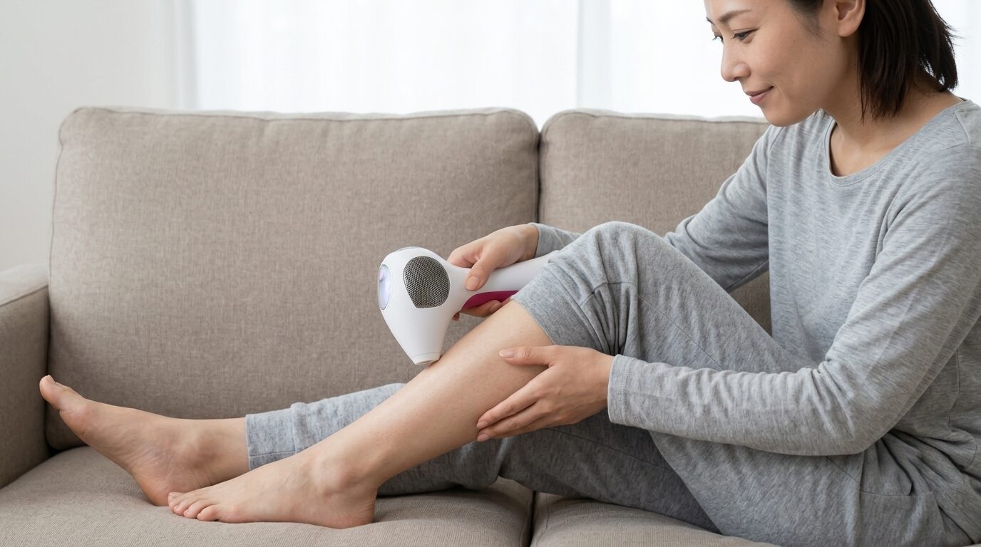 トリア4Xで脚をケアし効果実感を確認する女性