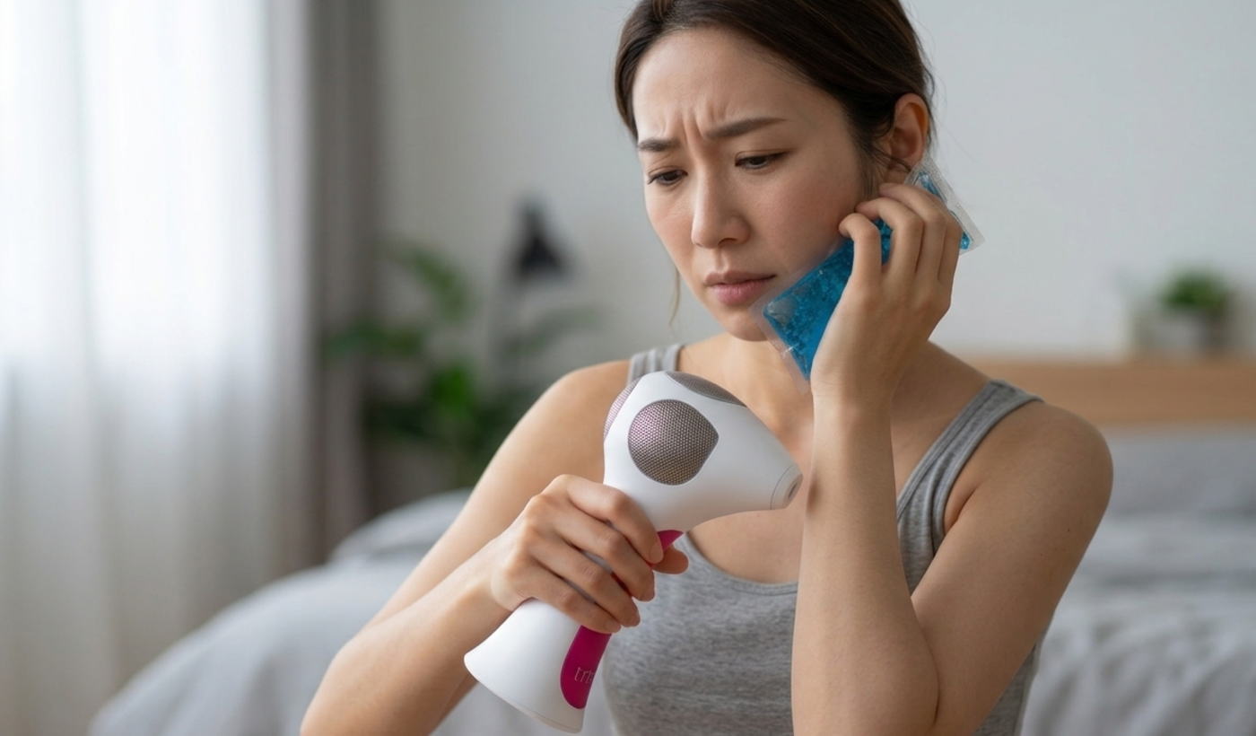 保冷剤で冷やしながら腕を照射する女性の様子