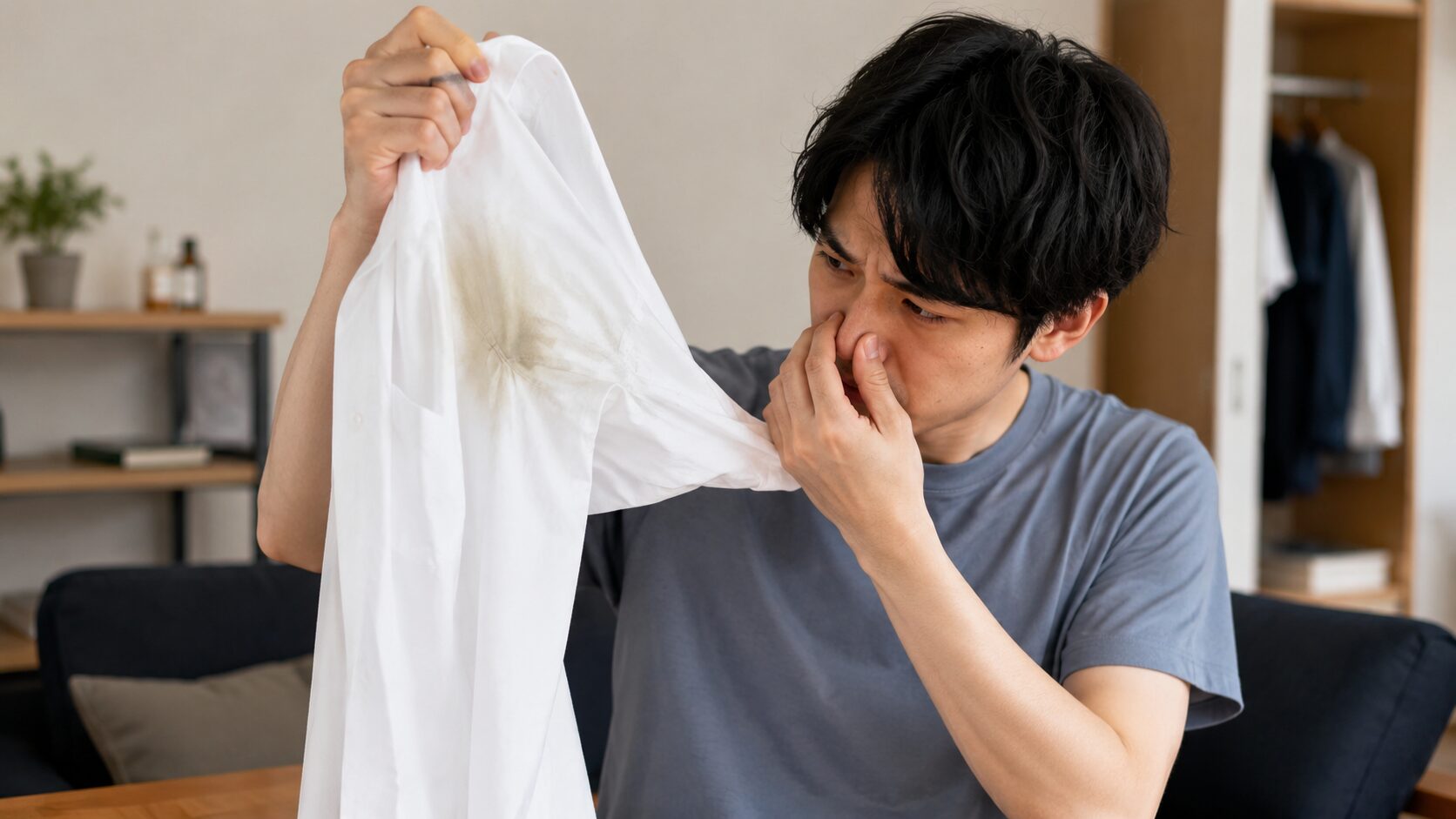 脱いだ白シャツの脇を確認する20代男性の手元と気にする表情