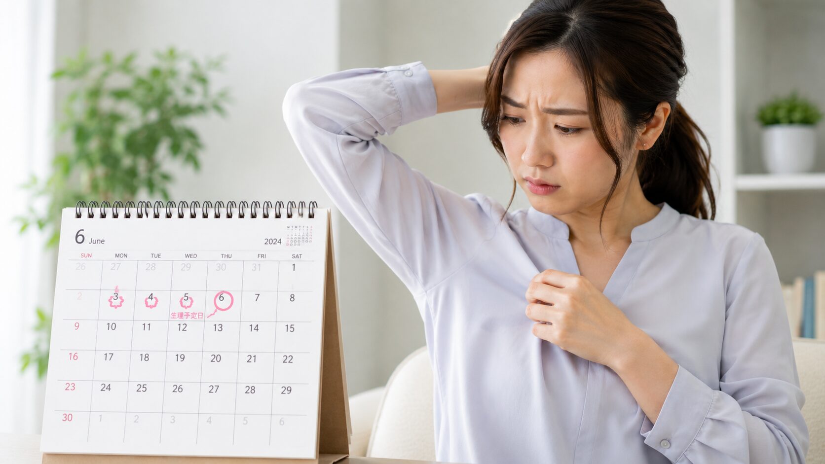 カレンダーを見ながら脇のニオイを気にする女性