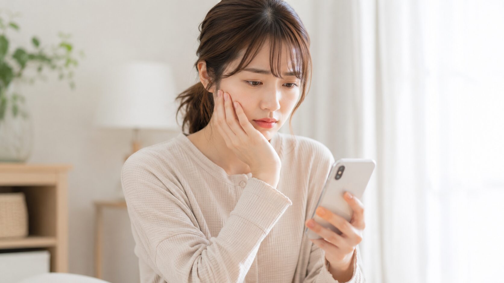 脱毛の通い放題をサボったことに戸惑う女性がスマホを見る様子