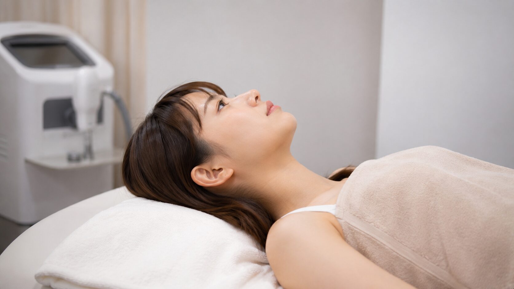 医療脱毛は何回で心折れるか悩む施術ベッドの女性