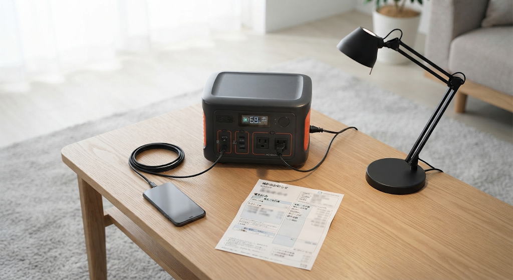 ポータブル電源と家電を並べて接続の限界を考える朝のテーブル