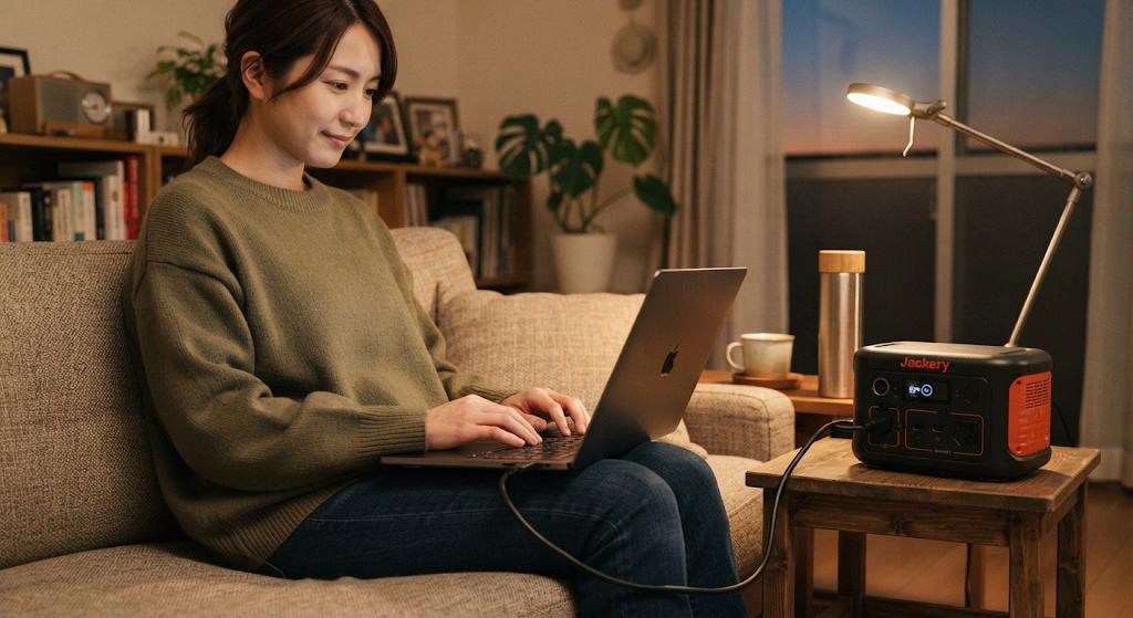 ポータブル電源でノートパソコンを使う夕方のリビング風景