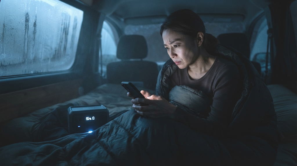 深夜の車中でポータブル電源の残量を不安げに確認する女性