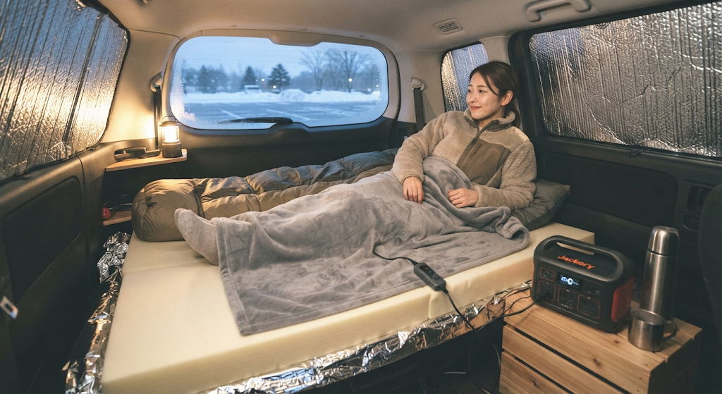 寝袋と電気毛布を重ね使いする車中泊の省エネ実践シーン