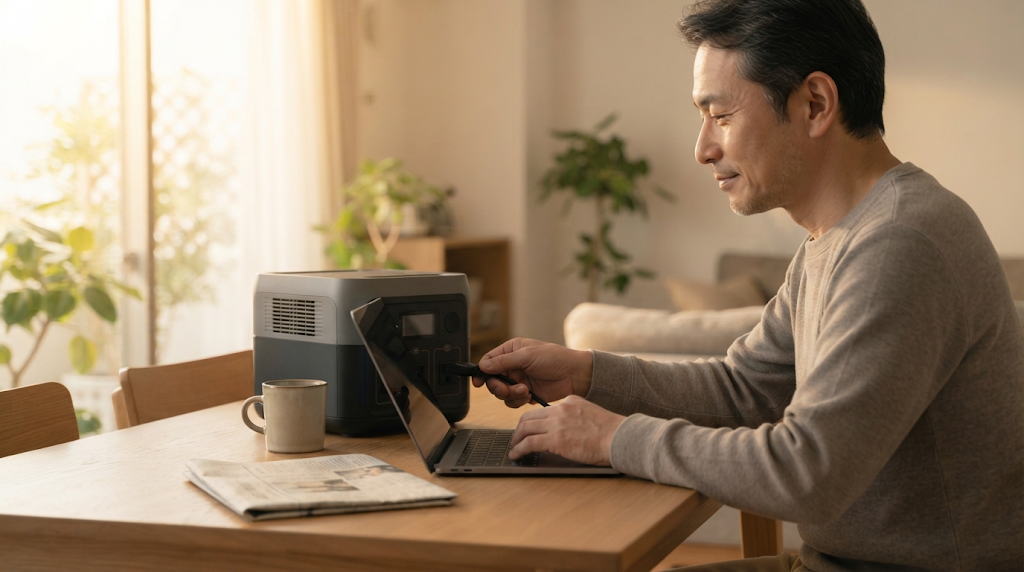 ポータブル電源のデイチャージ活用で朝にノートパソコンを繋ぐ50代男性