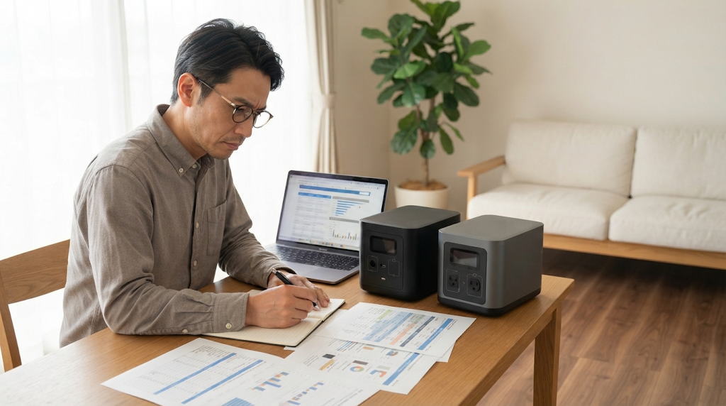 ポータブル電源を複数比較し損しない機種を選ぶ男性の様子