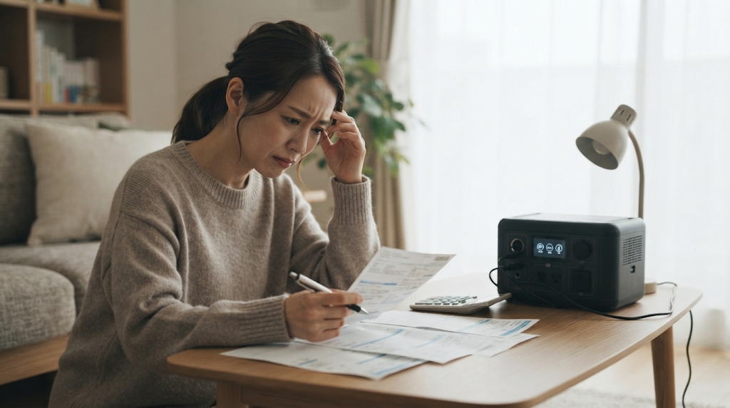ポータブル電源と電気料金明細を並べ電気代節約 嘘の真相を検証する俯瞰イメージ