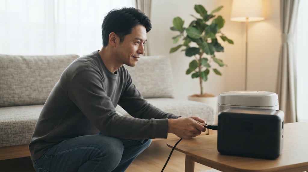 ポータブル電源を炊飯器に接続し実践的な使い方を試す男性の様子