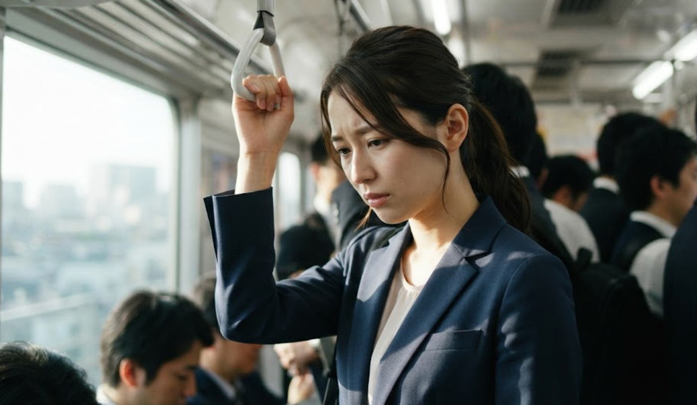 満員電車で脇の臭いが気になる不安げな女性通勤者