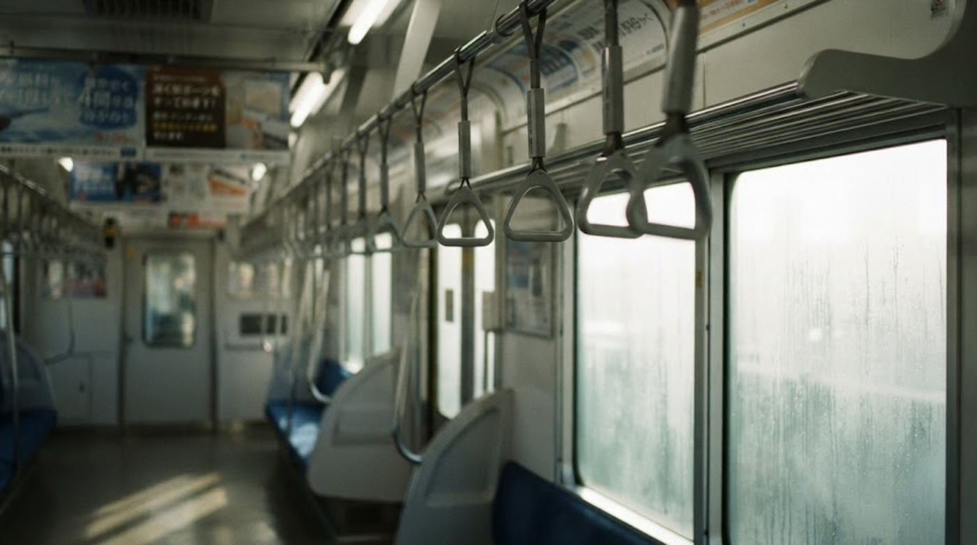 湿度がこもる朝の満員電車車内の情景