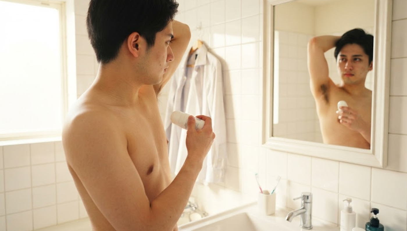 朝の洗面所で脇の下にロールオン制汗剤を塗る男性の手元