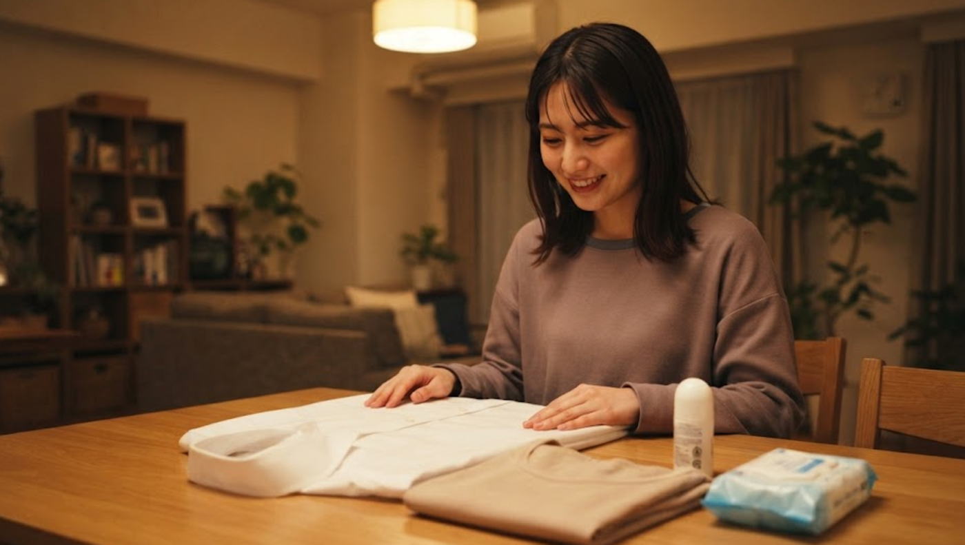 前日夜にシャツと制汗剤を並べて準備を整える女性