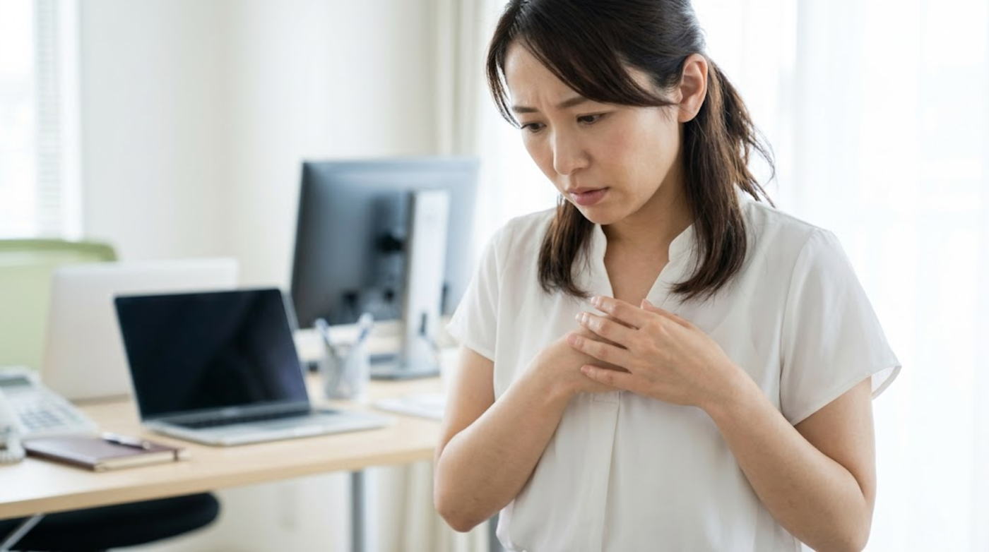 ワキガを指摘されてショックを受け休憩室で落ち込む女性