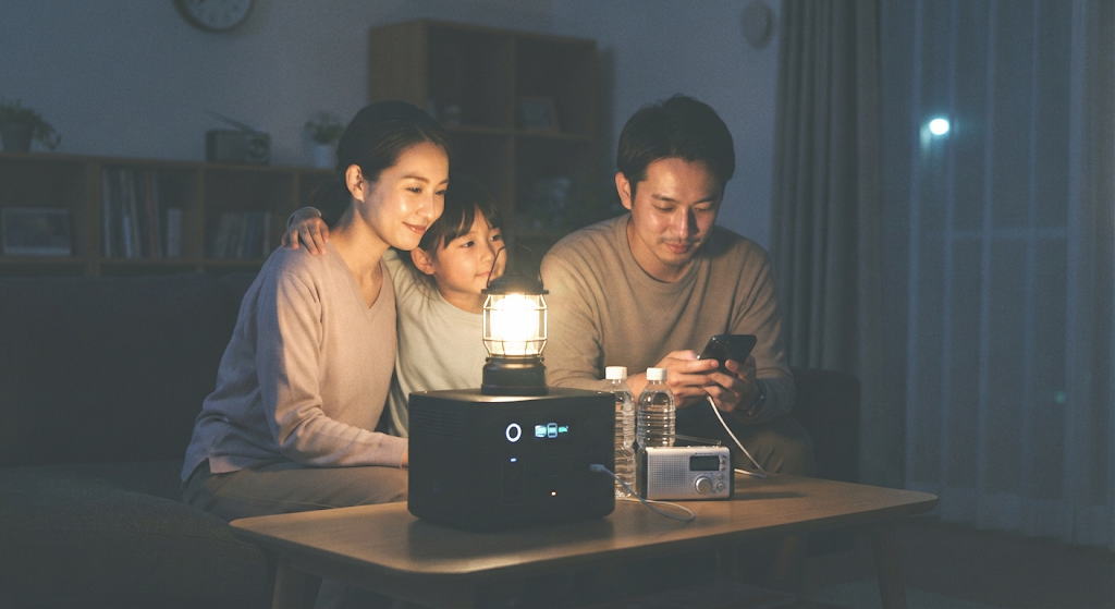 停電時にポータブル電源があってよかったと実感する家族のリビングシーン