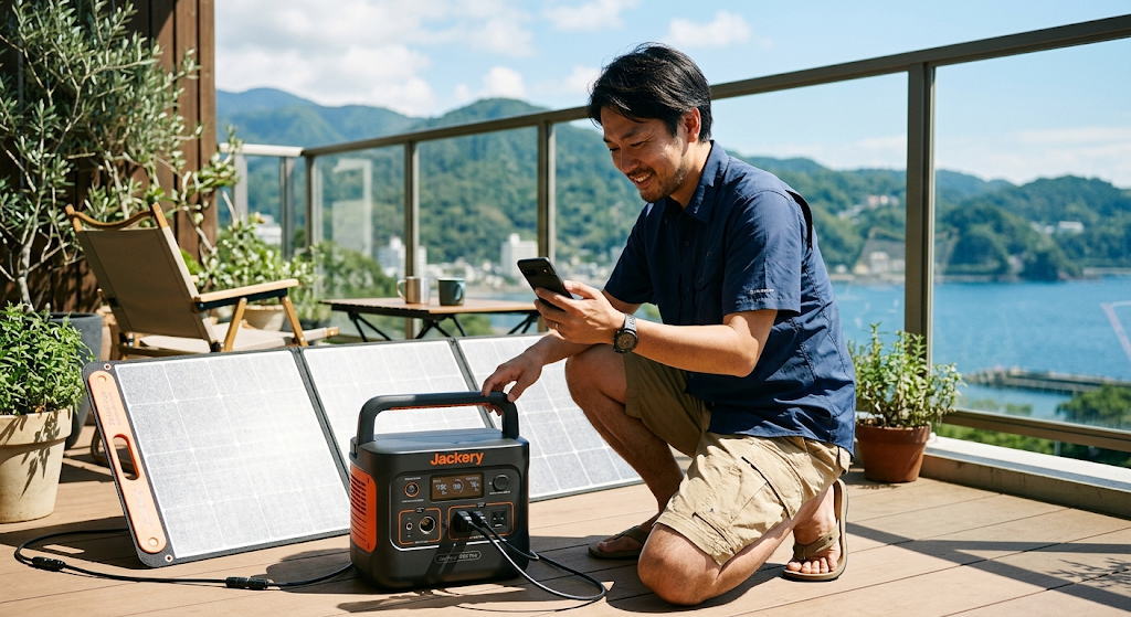 ソーラーパネルをポータブル電源に接続し発電量を確認する男性の様子