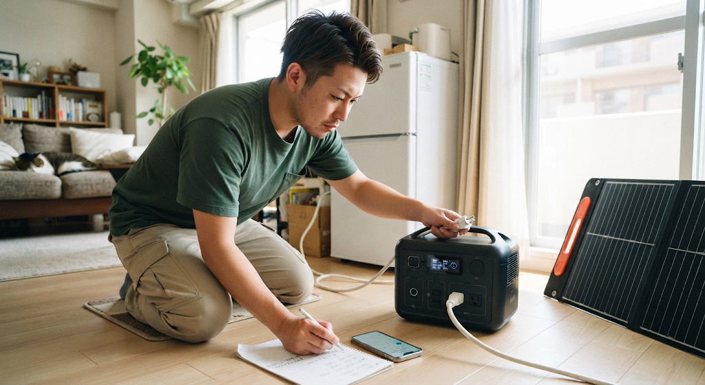 集合住宅の室内でポータブル電源を試運転する男性の様子