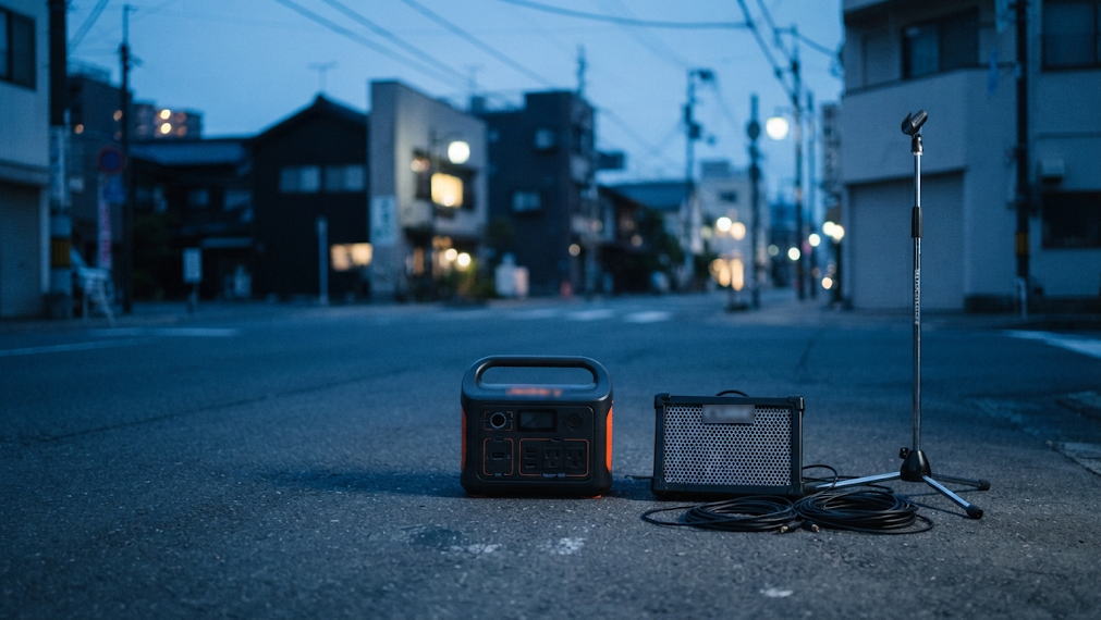 夕暮れの路上に並ぶポータブル電源と路上ライブ用機材の静物イメージ