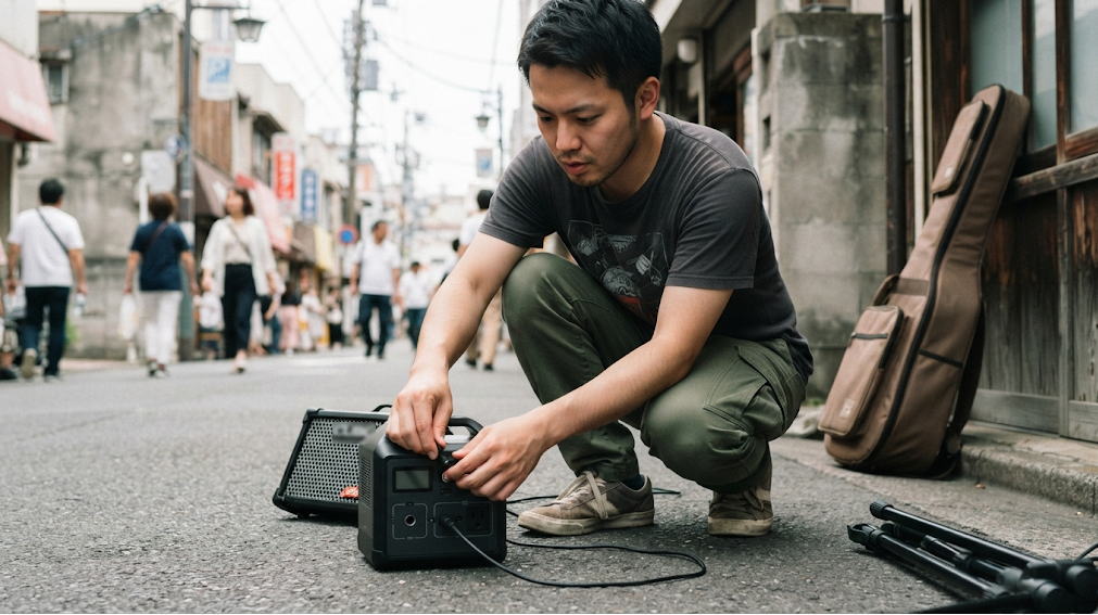 小型アンプにポータブル電源を接続するミュージシャンの手元