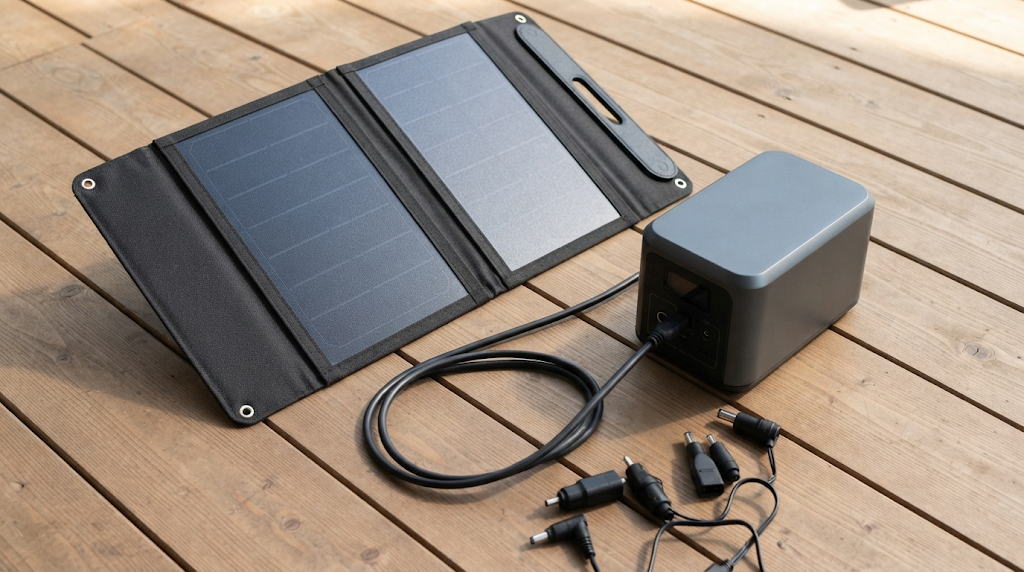 ポータブル電源とソーラーパネルセットの規格確認シーン