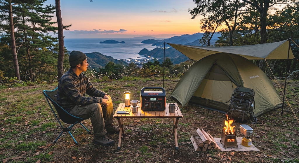 500whポータブル電源とソロキャンプ道具を夕暮れのサイトに並べた情景