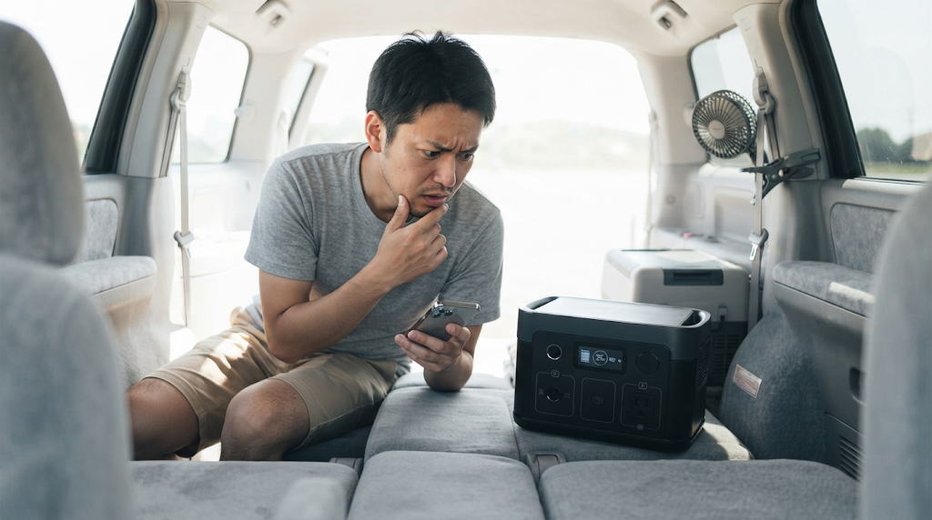 車内でポータブル電源の残量表示を見て戸惑う男性の姿