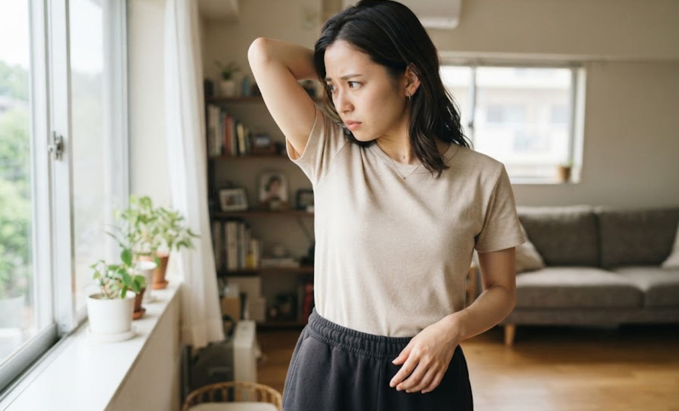 ワキガ 彼氏 気づかれたか不安で肩を上げて脇の臭いを確認する女性