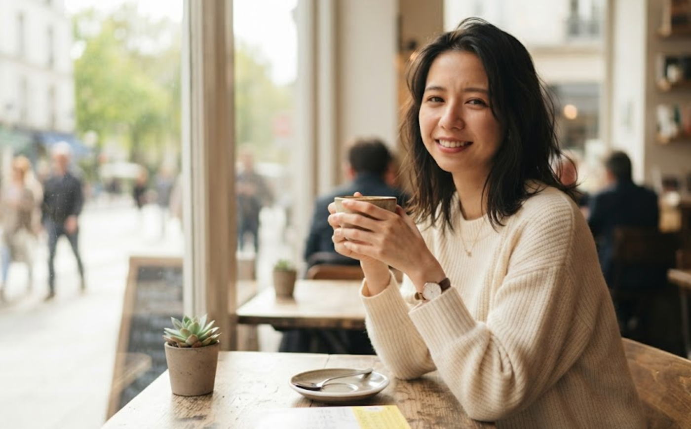 カフェで穏やかに微笑みリラックスした表情でくつろぐ女性