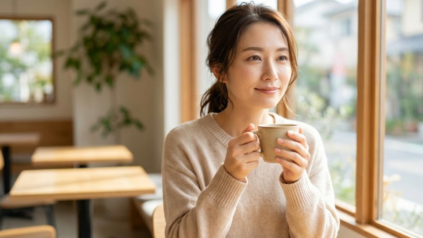 カフェで穏やかに微笑み気持ちを切り替える女性