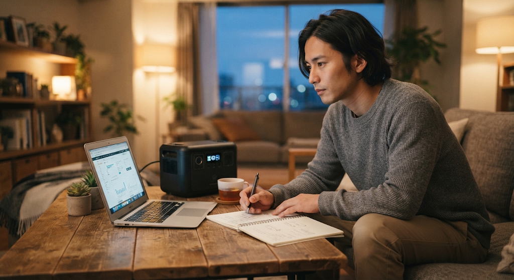 ポータブル電源購入前に販売元と保証を確認する様子