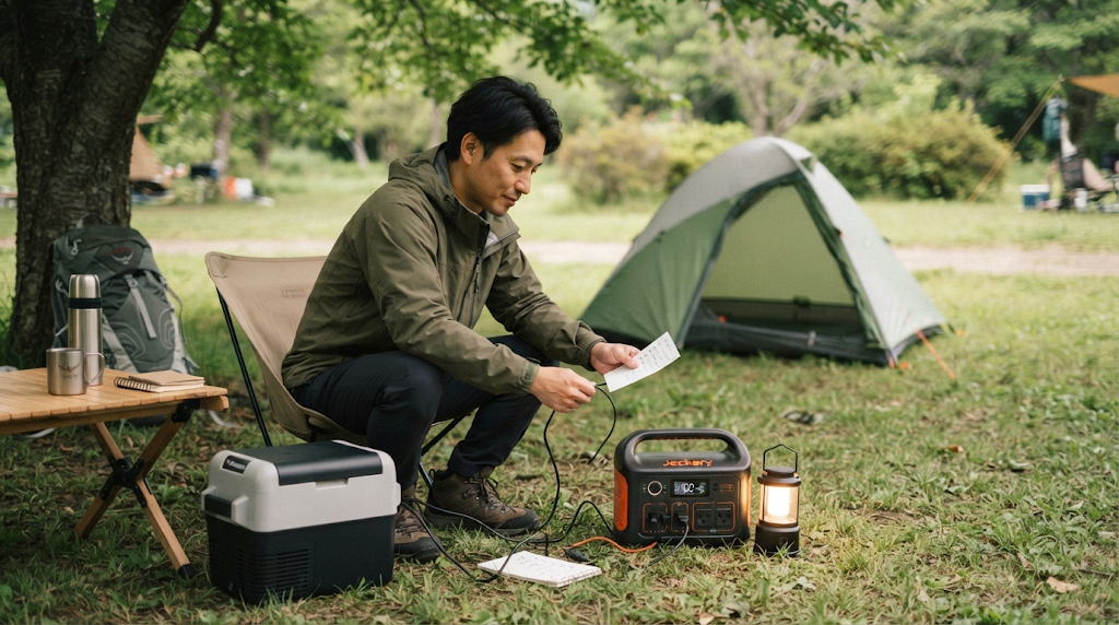 キャンプ場でポータブル電源に家電を接続し稼働を確認する場面