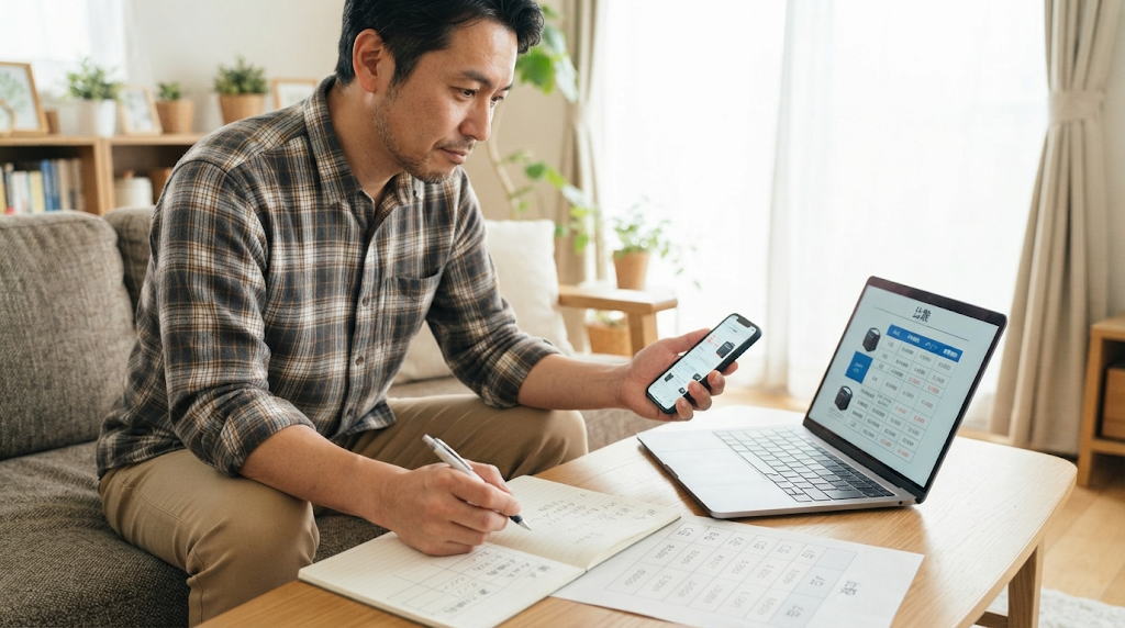 ノートパソコンとスマホで販売先の価格を見比べる男性