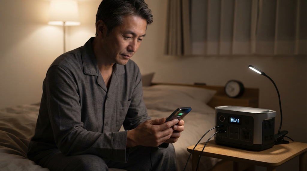 深夜の寝室でポータブル電源からスマホを充電する男性の手元