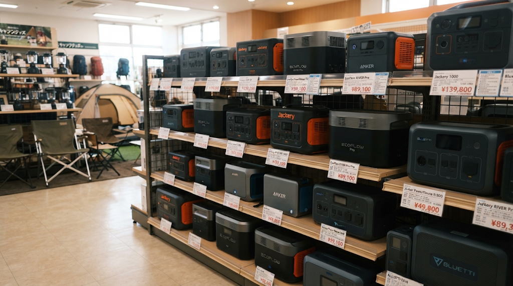 家電量販店に並ぶポータブル電源が必要ないか比較検討する売り場の情景