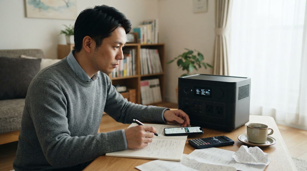 自宅で用途を書き出しポータブル電源の必要性を検討する男性の様子