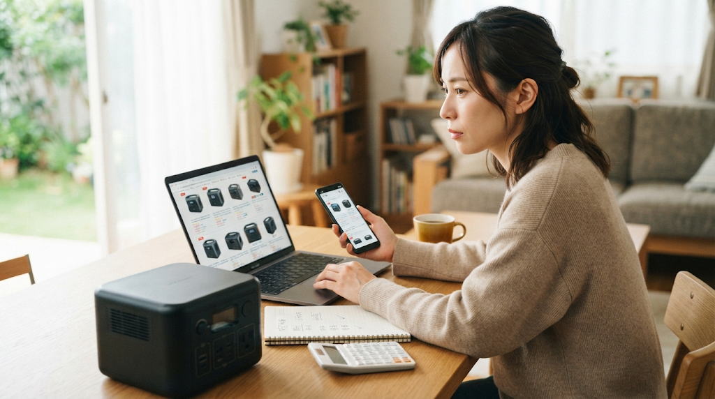 明るい部屋でポータブル電源を楽天など通販サイトで探し比較検討するデスクの情景