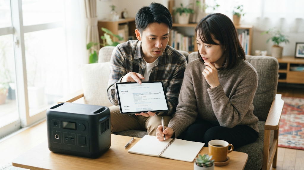 休日のリビングで夫婦が販売元と保証条件を一緒に確認する様子