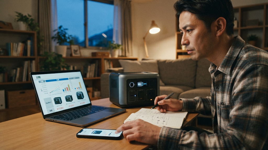 リビングでポータブル電源の容量と価格を比較検討する男性の実践イメージ