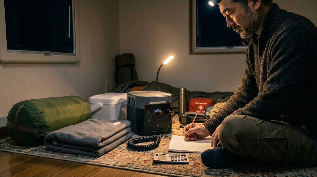 車中泊で使うポータブル電源の容量を家電ごとに書き出して検討する様子