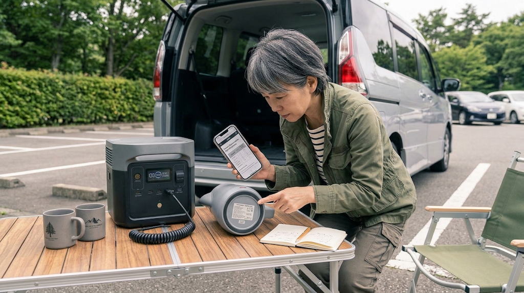 車の後部で電源とケトルの表示を指差して確認する人物