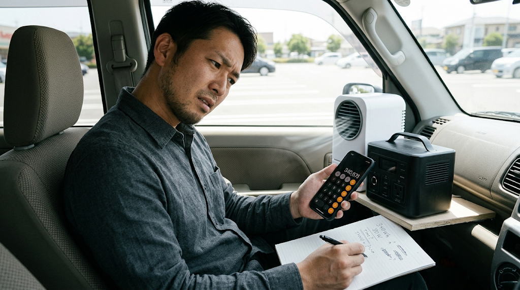 ポータブル電源でエアコンは何時間使えるか計算に悩む車内の様子
