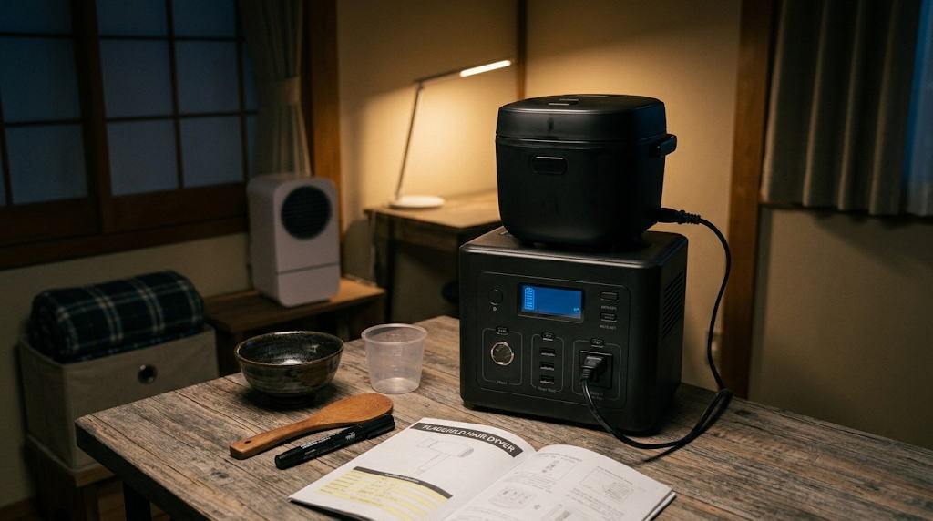 ポータブル電源 炊飯器を接続した夜の自室の物撮り情景
