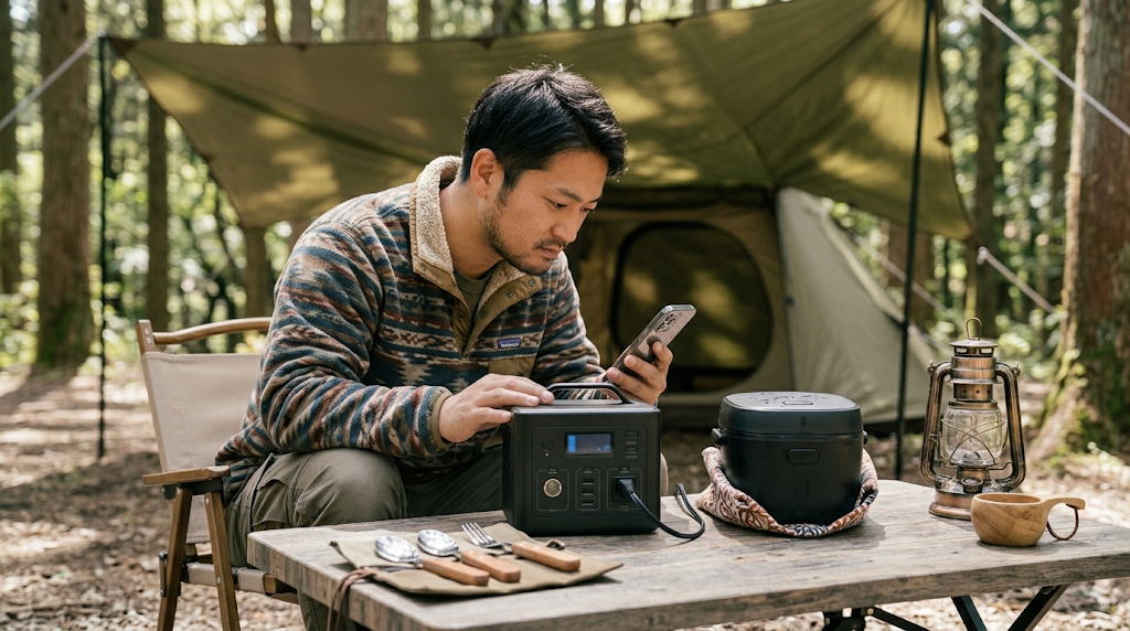 屋外で炊飯器と電源をつなぎ消費電力を確認する男性
