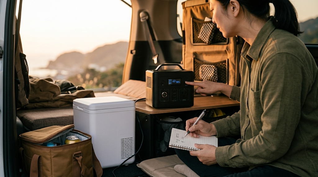 車中泊で容量と使用時間を計算しメモする夕方のシーン