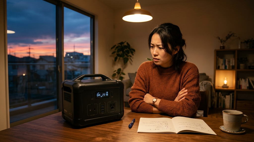 ポータブル電源 買ってはいけない製品に悩む女性の夕方の自宅風景