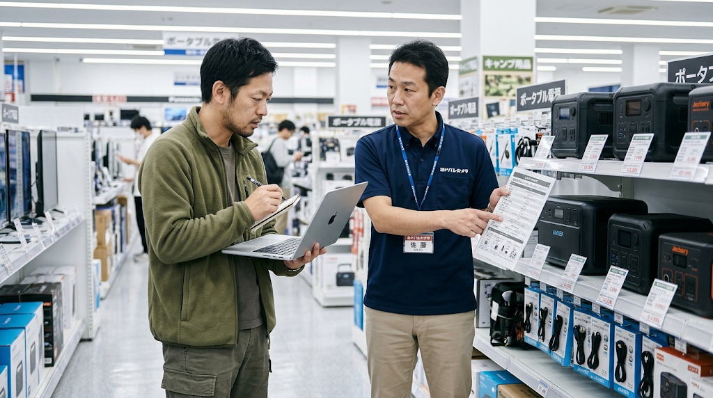 売り場で可搬型蓄電装置の仕様を店員に相談する男性客