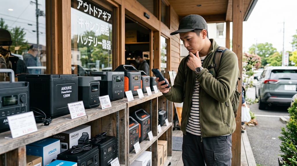 ポータブル電源のコスパを店頭で比較検討する20代男性