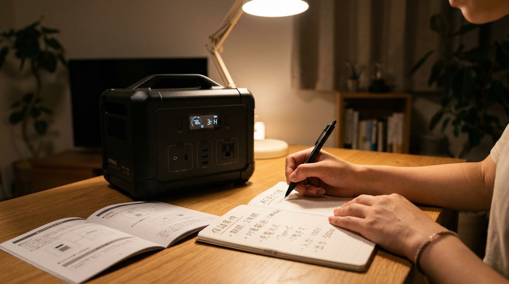 夜の机で保証条件と充電方式を書き出す手元の様子