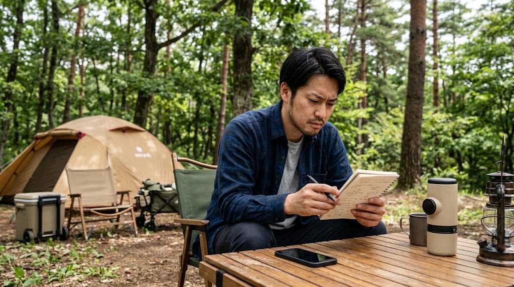 ポータブル電源をキャンプで買うべきか迷い考え込む男性